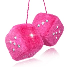 Murimt Bling Pink Fuzzy Dice with Rhinestones Dots for Rear View Mirror Accessories - Cute Car Accessories for Women and Girls