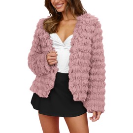 PRETTYGARDEN Womens 2024 Winter Coats Fashion Faux Fur Long Sleeve Fleece Shaggy Lightweight Fall Cropped Jacket Outerwear (Pink,Small)