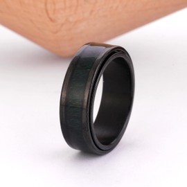 Adreamz 8mm Mens Green Wood Inlay Spinner Ring Nature Wooden Inlaid Black Stainless Steel Wedding Band Mens Anxiety Fidget Relieving Spinning Ring Comfort Fit for Men Women Size 10