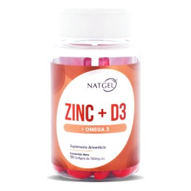 NatGel  Zinc  D3 con Omega 3  Refuerza Defensas Naturales, Huesos y Cerebro  90 Capsulas Softgels de 700mg                                            