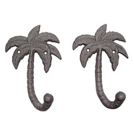 Wowser Palm Tree Cast Iron Wall Hooks, Wall Mounted for Hanging Coats, Purses, Towels, Hats, Beach Themed Wall Decor, Set of 2, 6.5 Inches High (Gray)