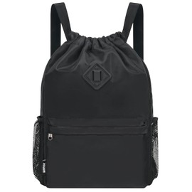 WANDF Drawstring Backpack Sports Gym Bag with Shoes Compartment, Water-Resistant String Backpack Cinch for Women Men (Black, Large)