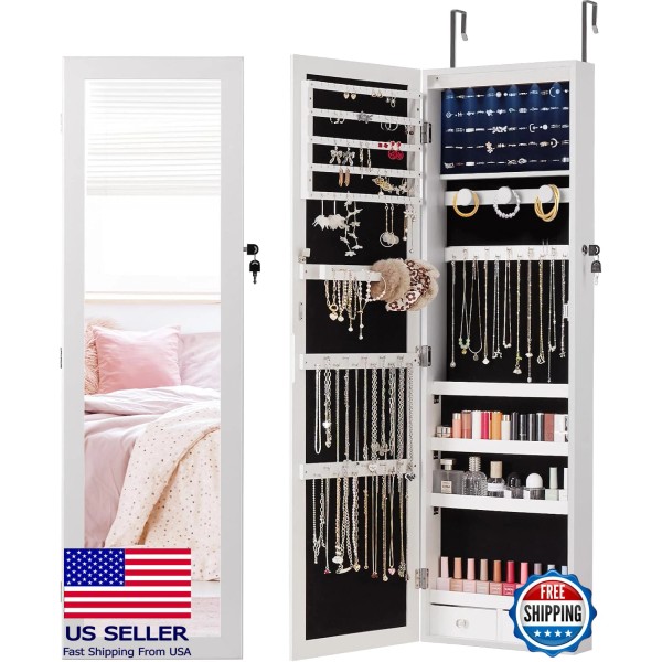 DUMOS "White Jewelry Cabinet, Wall/Door Mount, 6-LED Mirror, 47.2" Tall,