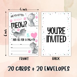 ltazhyi Kitty Birthday Party Invite Card for Kid, Cat Birthday Invitation for Girls Boys, Set of 20 Cards and 20 Envelopes, Are You Kitten Me Right Meow Celebration Party Supplies for Teen - 13