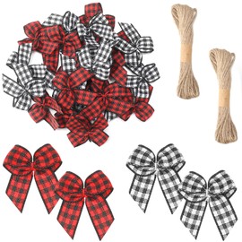 Xuelimei 120 Pieces Mini Gingham Ribbon Bow with 66 Feet Rope Christmas Bows Decoration Plaid Buffalo for Christmas Tree Crafts Gift Home Decoration DIY Making (Black and White, Black and Red)