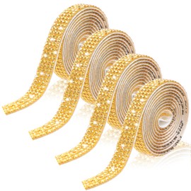 JIYIN Self Adhesive Rhinestone Ribbons, 4 Rolls Gold Glitter Crystal Rhinestone Strips Stickers Bling Rhinestone Strips Tape Rhinestone Decorations for DIY Crafts Clothes Car Shoes(1 Yard)