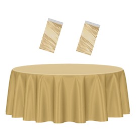 HEIPINIUYE 2 Pack Gold Tablecloth Round 84 Inch Round Plastic Table Cloth Waterproof Disposable Round Table Cover for Party Birthday Camping Picnic Baby Shower Circle Tablecloth
