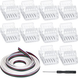 10 Packs 5 Pin RGBW LED Strip Connector Kit 10 mm Solderless LED Strip Light Connector Waterproof, Transparent Track Lighting Connectors, Include 16.4 Feet Light Strip Extension Cable with Screwdriver