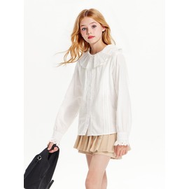 Girls White Dress Shirt Button-Down Blouse Kids School Uniform Elegant Lace Decorated with Large Lapel size16years