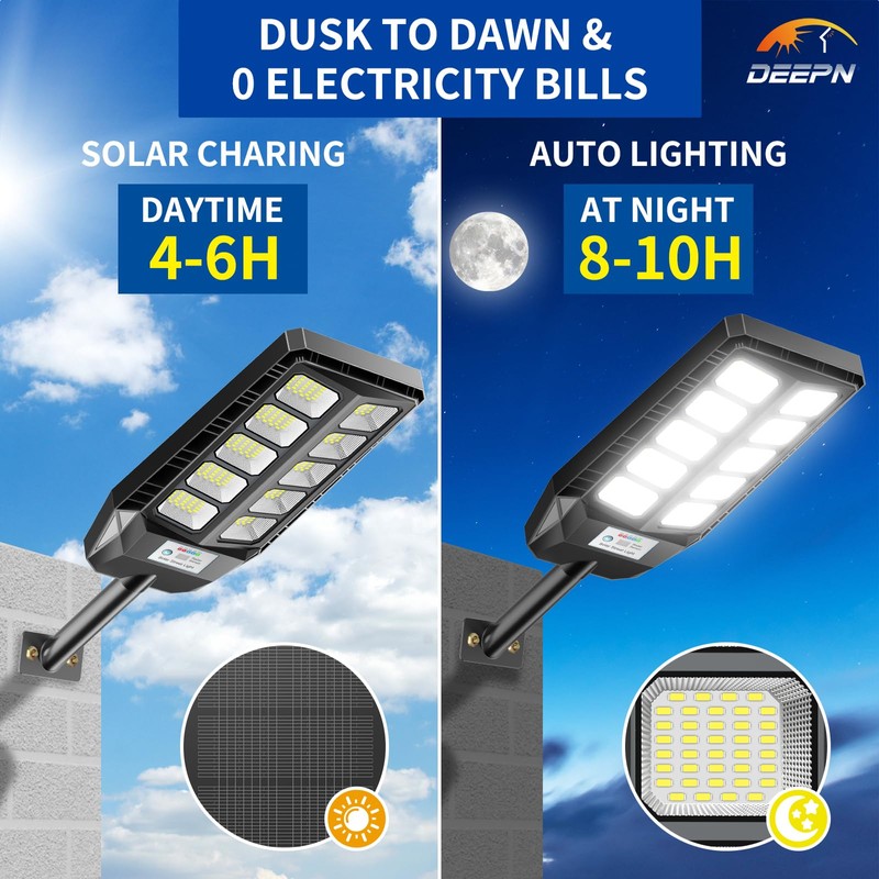 Deepn Solar Lights Outdoor, IP66 Waterproof Street Lights Outdoor, 6500K
