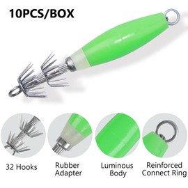 Fluorescent Squid Jig Hooks Luminous Squid Jigs Lures,10pcs Fishing Squid Cuttlefish Sleeve Jig Lure Octopus Baits Stainless Steel Squid Hooks,Green
