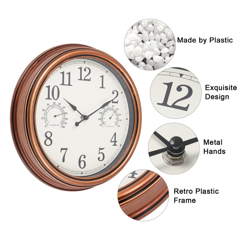 Vigorwise 12inch Outdoor Clocks Plastic Waterproof Wall Clock with Temperature