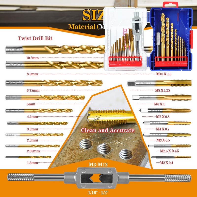 RURITKIT 18Pcs Metric Drill and Tap Set with 1Pc Tap