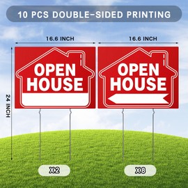 (10 Pack) Open House Signs for Real Estate, 17 x 13 Inch, Double Sided Directional Arrows Yard Signs with Open House Flag/Balloons for Real Estate Agent Supplies, Metal Stakes, Large