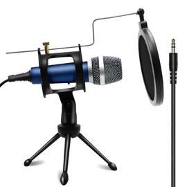 Condenser Recording Microphone 3.5mm Plug and Play PC Microphone, Broadcast Microphone for Computer Desktop Laptop MAC Windows Online Chatting Podcast Skype YouTube Game（Blue）