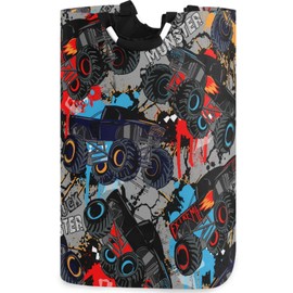 visesunny Large Capacity Laundry Hamper Basket Monster Truck Car Pattern Oxford Cloth Storage Baskets for Bedroom, Bathroom, Dorm, Kids Room