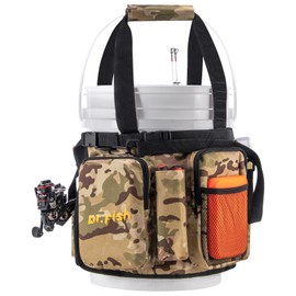 Dr.Fish 5 Gallon Bucket Tool Organizer for Ice Fishing Gear, Adjustable Bucket Fishing Tackle Bag, 6 Pockets 2 Rod Holder Tool Holder Ice Fishing Tackle Gear Bag Storage