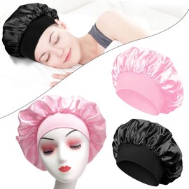 Pack of 2 Silk Cap Sleep Cap Silk Curly Hair Night Cap Night Cap for Women Satin Night Cap for Women, Black + Pink