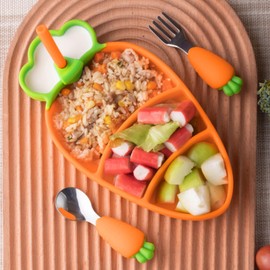 Juego de Alimentación de Silicona para bebé con Succión, Plato Llano Espacioso con Forma de Zanahoria, Solución Completa para Alimentación de bebé (Naranja)