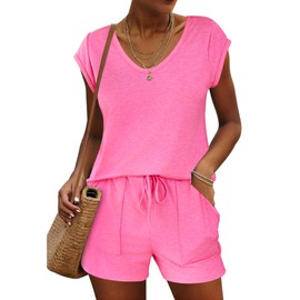 Ekouaer Pajama Sets for Women 2 Piece Comfy Short Sleeve Sleepwear Tops and Shorts Cute Pjs Lounge Set,Rose Pink,Medium