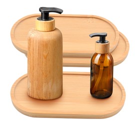 3 Pack Bamboo Trays for Bathroom Shampoo Shower Dispenser Holder Accessories Countertop Light Wood Organizer Plate Tabletop Home Decoration Oval, 6.9 x 3.5 x 0.4Inch (Only Trays)