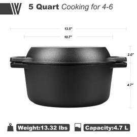 VORRINGARD Pre-seasoned Cast Iron Double Dutch Oven Pot with Skillet Lid, Dual-handle, for Bread Baking, Outdoor, Campfire Cooking, include Sourdough Bread Baking Supplies like Banneton Bread Proofing Basket, 5 Quart