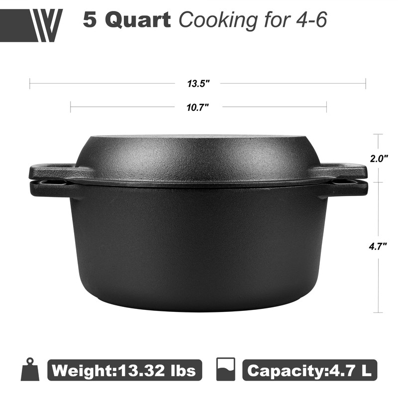 VORRINGARD Pre-seasoned Cast Iron Double Dutch Oven Pot with Skillet