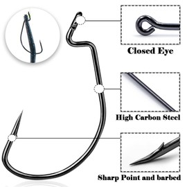 9KM DWLIFE EWG Fishing Hooks 25Pcs Offset Worm Hook Texas Carolina Rig Hooks/Black/Wide Gap for Soft Plastic Baits Freshwater Saltwater(Size 4/0)