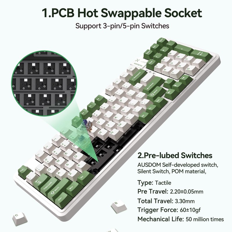 AUSDOM 98Pro Silent Mechanical Keyboard, Wireless Hot Swappable Gaming Keyboard