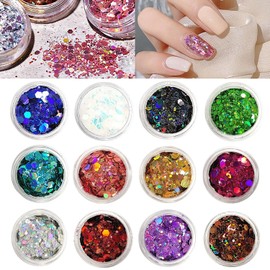 Neoreser 12 Colours Glitter Set for Nails, Nail Powder Glitter Craft Glitter Face Nail Glitter Powder Pigment Glitter Powder for Nails DIY Decoration
