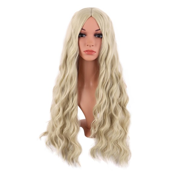 MapofBeauty 28 Inches / 70 cm Long Wavy Middle Part with No Bangs Synthetic Fibre Curly Fashion Women Party Cosplay Wig (Gold)