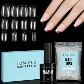 TOMICCA Ballerina Short Nail Tips with Nail Glue Set, Nail Tips for Gel Nails, Full Coverage, Soft & 8 ml Nail Glue Gel, Artificial Nail Tips for Nail Studio, Salon, DIY, 150 Pieces, 15 Sizes