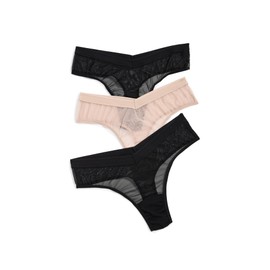 hanky panky Women's Mesh High Cut Thong 3 Pack, Black/Chai, S