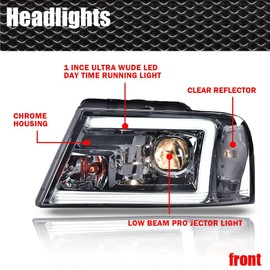 CNNELL LED DRL Headlights Assembly Compatible with Ford F-150 Pickup 2004-2008, Lincoln Mark LT 2006-2008 (NOT For 04 F150 Heritage/Flareside Beds Models) Smoky lens Chrome Housing Clear Reflector