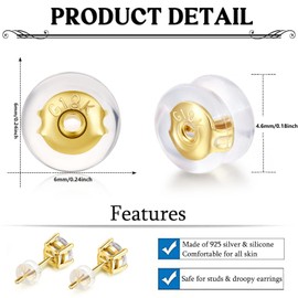 12PCS 18K Gold Earring Backs for Studs, Silicone Earring Backs Replacements for Studs Earrings, Non-Irritating Hypoallergenic Earring Backers for Droopy Ears (Gold)