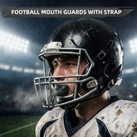 4-Pack Football Mouth Guards, Permanent Strap, No Boil Ready to Use, Fits Braces, Breathable Lip Protector Mouthpiece with Case for Youth & Adult Football Players (Black/White/Blue/Green)