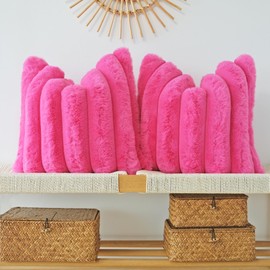JOJUSIS Pack of 2 Faux Fur Plush Decorative Throw Pillow Covers Couch Cushion Case Soft Fluffy Pillowcases Wide Stripe (Hot Pink, 18 x 18 Inch)