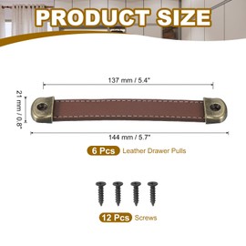PATIKIL 5.6" Leather Drawer Pulls with Iron Sheet, 6 Pcs Leather Strap Trunk Handle Cabinet Knobs Hardware Replacement with 18mm Screws for Dresser Door Suitcase Luggage, Light Brown