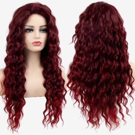 Fencca Burgundy Long Curly Wigs for Women Heat Synthetic Wig Wine Red Wavy Long Curly Hair Wig