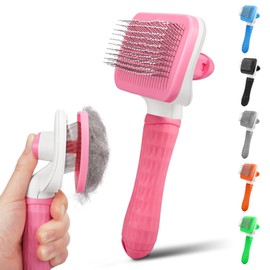 PWOD Dog & Cat Brush, Self Cleaning Slicker Brush for Pets, Upgraded Dog Brush for Shedding Massaging and Grooming, Removes Loose Undercoat & Portable Comb for Long Short Haired Dogs(Pink)