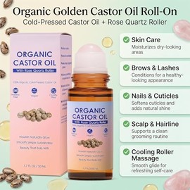 Organic Castor Oil Rose Quartz Roller Ball, Moisturizing Beauty Oil for Skin, Brows, Lashes, Cuticles, Hairline & Scalp Care Routine, Hexane-Free, Portable Nourishing Oil (1)