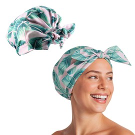 Duschhaube für Frauen, Duschhut, wasserdichte wiederverwendbare Duschhauben, Haarduschhauben für lange Männer, seidiger Schlaf-Badehaube für lange lockige, rosa Blattmuster-Design