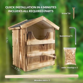 Owl House Hand Made with Bird Stand Design, Owl Nesting Box for Outside Large Handmade Wooden Rectangular Opening Owl Box Bird House with Mounting Screws and A Bag of Wood Shavings, Easy Assembly