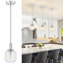 Osimir Brushed Nickel Pendant Lights Kitchen Island, 1-Light 5.9" Modern Glass Pendant Light with Clear Glass and Rods, Mini Hanging Lighting for Kitchen Sink Bathroom Bedroom, OS-YQ7749-1PBN