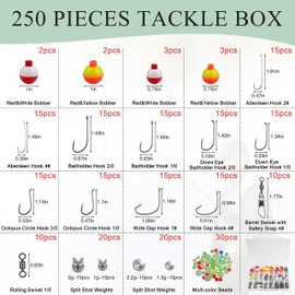 Fishing Hooks Bobbers Tackle Kit, 250pcs Basic Fishing Tackle Box Included Octopus Circle Hooks Baitholder Hooks Fishing Bobbers Weights Starter Kit for Panfish Catfish Freshwater Fishing