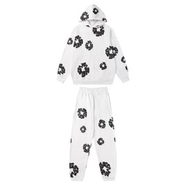 Sudiup Y2K Hip Hop Men's Hoodie Set Foam Printed Casual Retro Harajuku Set (white,Medium)
