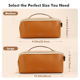 Prite Makeup Bag for Women Travel Waterproof Vegan Leather Cosmetic Bag Open Flat Toiletry Bag With Clear Divider and Handle (Large Brown)