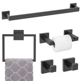 TNOMS Matte Black Towel Bar Set 5-Piece Bathroom Hardware Accessories Set,23.6 Inch Modern Towel Holder Set SUS304 Stainless Steel Towel Rack Set for Bathroom,Wall-Mounted