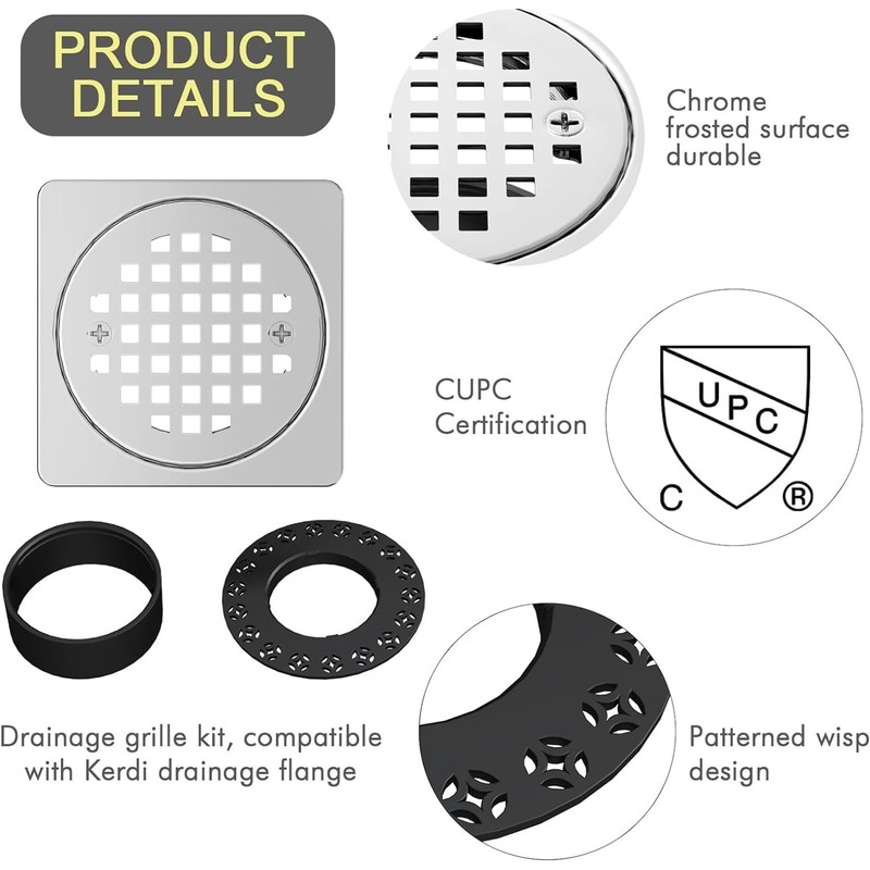 UNI-DRAIN Shower Drain Square 4 Inch with Flange, Drain Grate