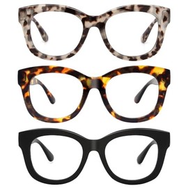 JiSoo 3 Pack Oversized Reading Glasses for Women Men 3.5, Stylish Designer Readers Women 3.5, Demi Gray+ Tortoise+Black